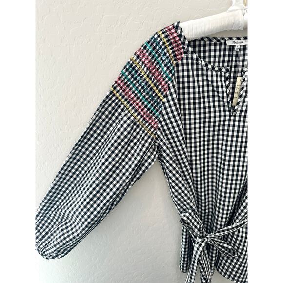 MADEWELL | Black Gingham Peasant Top Embroidered Sleeves Tassel Tie NWT | XL - Picture 3 of 9